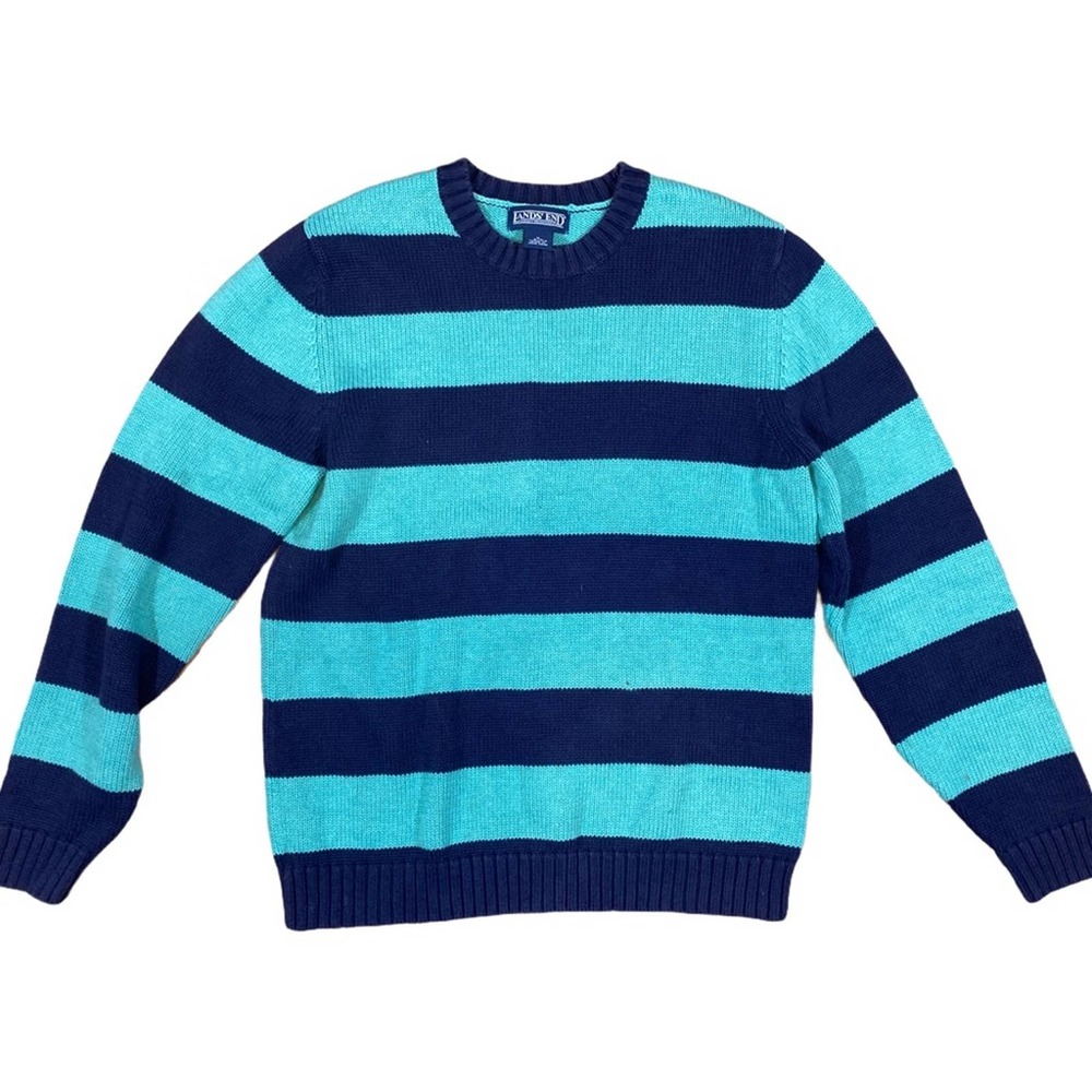 Lands' End Blue/Green Striped Knit Crew Neck
